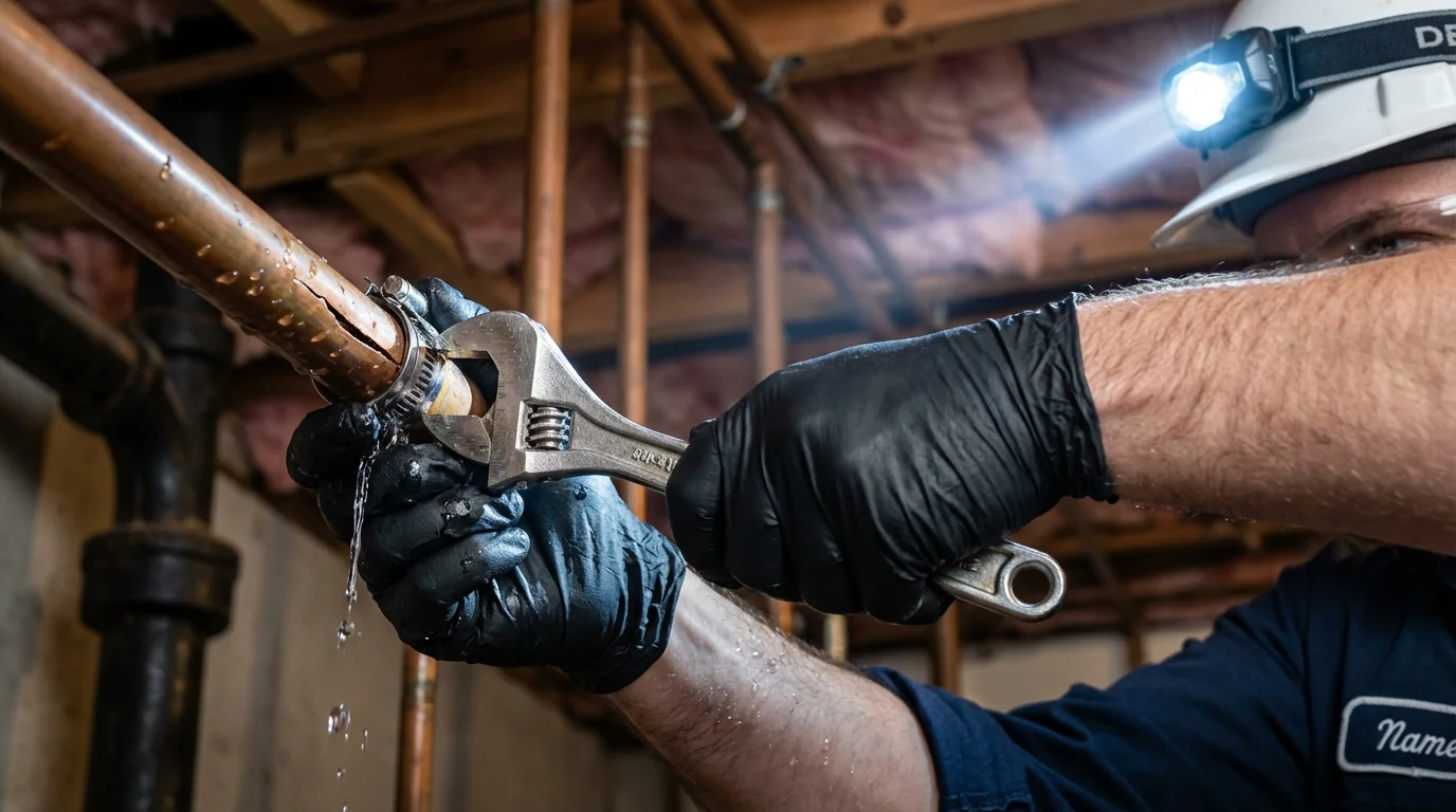 Emergency pipe clamp repair being performed by a Johns Plumbing LLC plumber in Cynthiana