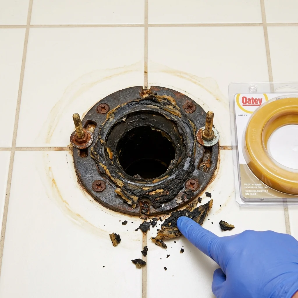Failed wax ring showing water seepage at the base of a toilet in a Cynthiana, KY home