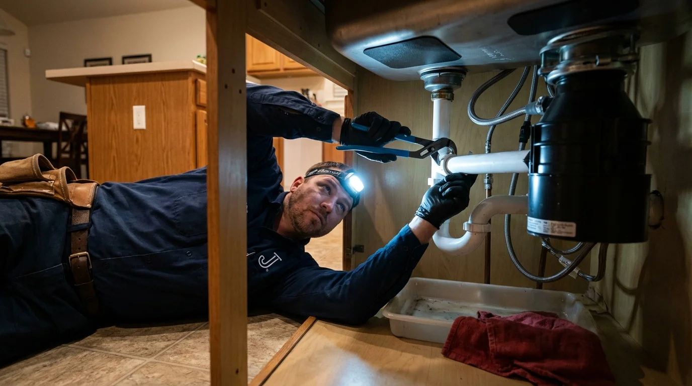 P-trap and supply line connections under a kitchen sink showing a common leak point in Cynthiana, KY